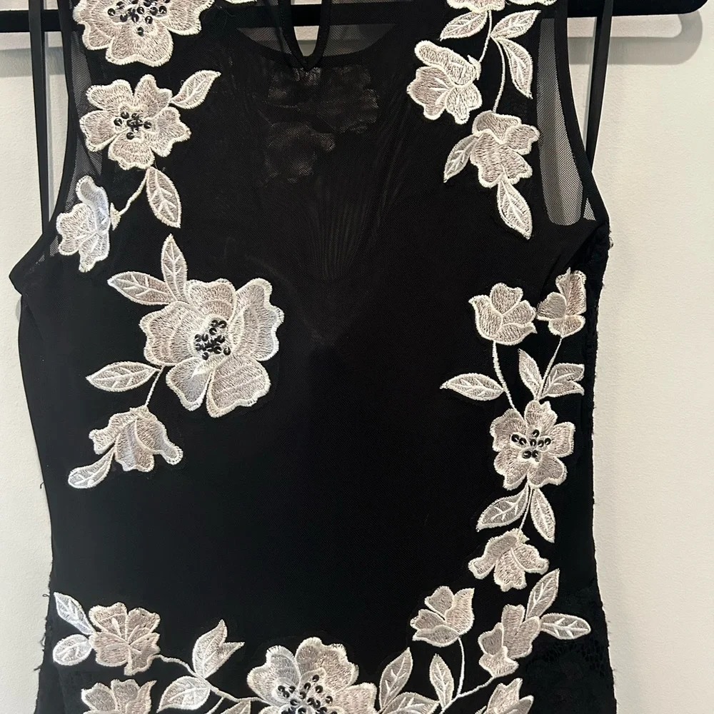 Betsy & Adam Gown - Lace-Mesh-Floral Lined Gown. Black/White Size 12 - Picture 2 of 8